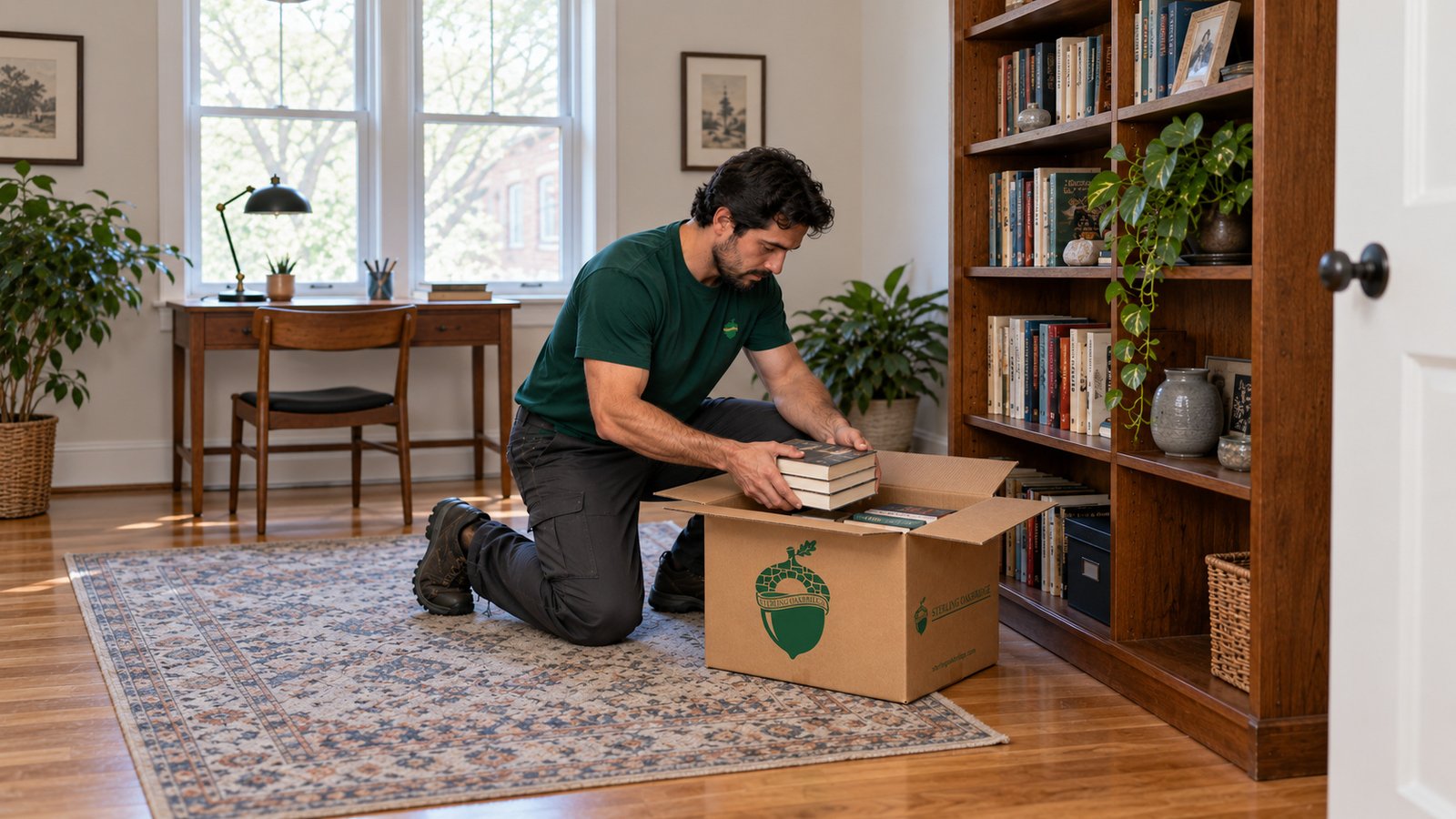 Packing books beside the shelf Kneeling Sterling Oakbridge mover lowers a stack of books into an open branded kraft carton beside a bookcase