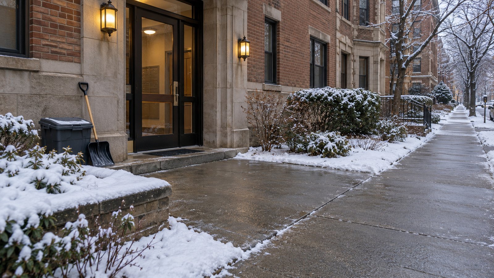 Preparing a winter entrance Cleared sidewalk and approach to a brick apartment entrance with one shallow step, snow at the edges and a shovel stored beside the route