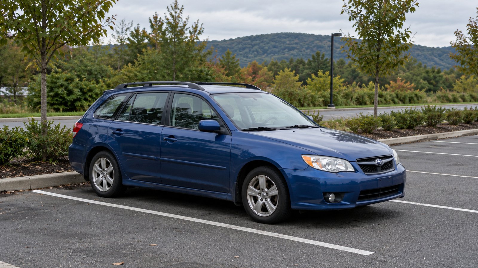 A clearly marked parking space Blue station wagon parked fully inside a marked paved bay, with planting separating the lot from a background road