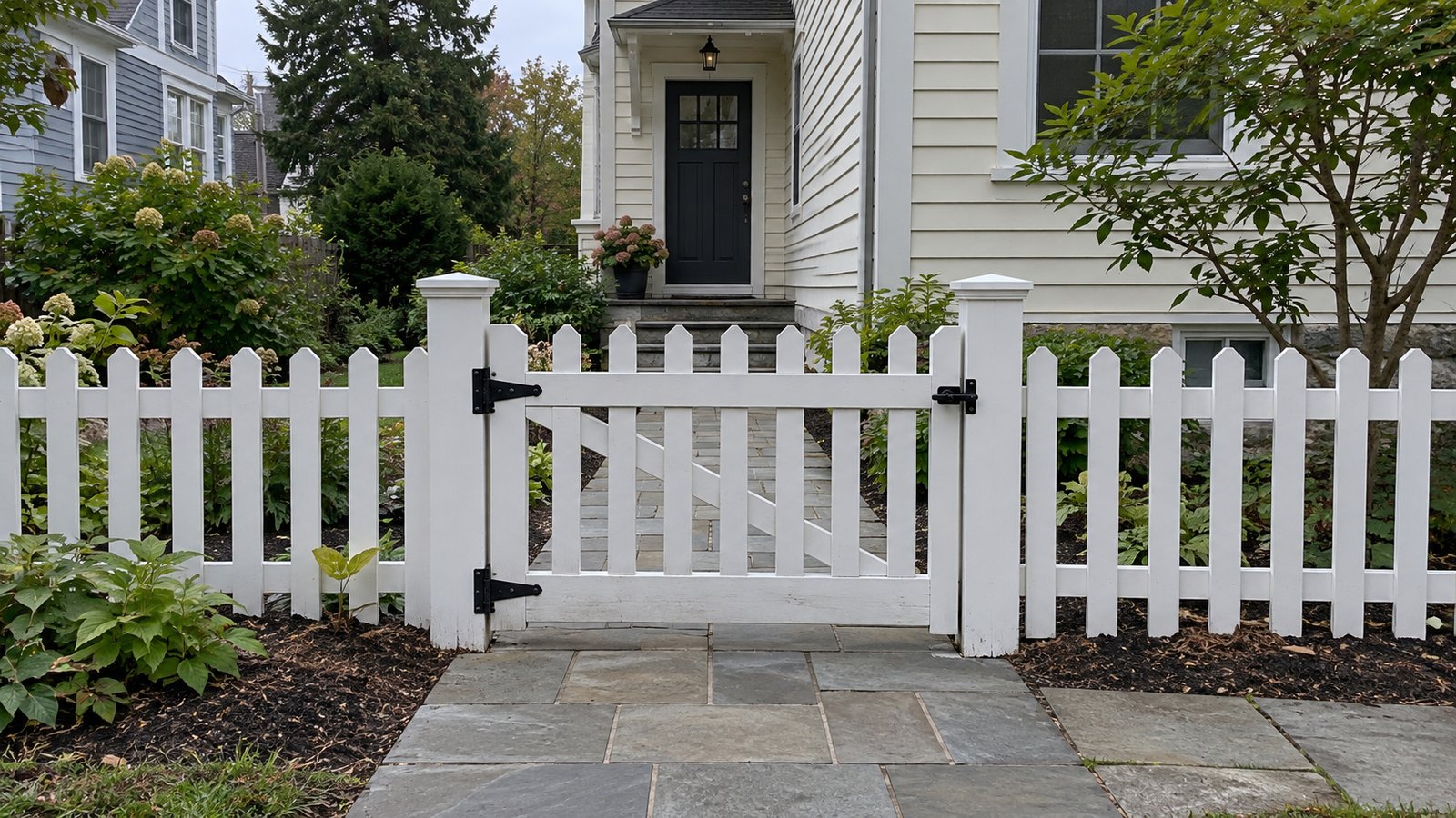 A gate on the route to the entrance Closed white picket gate fitted between two posts, with a stone path continuing to a dark house door