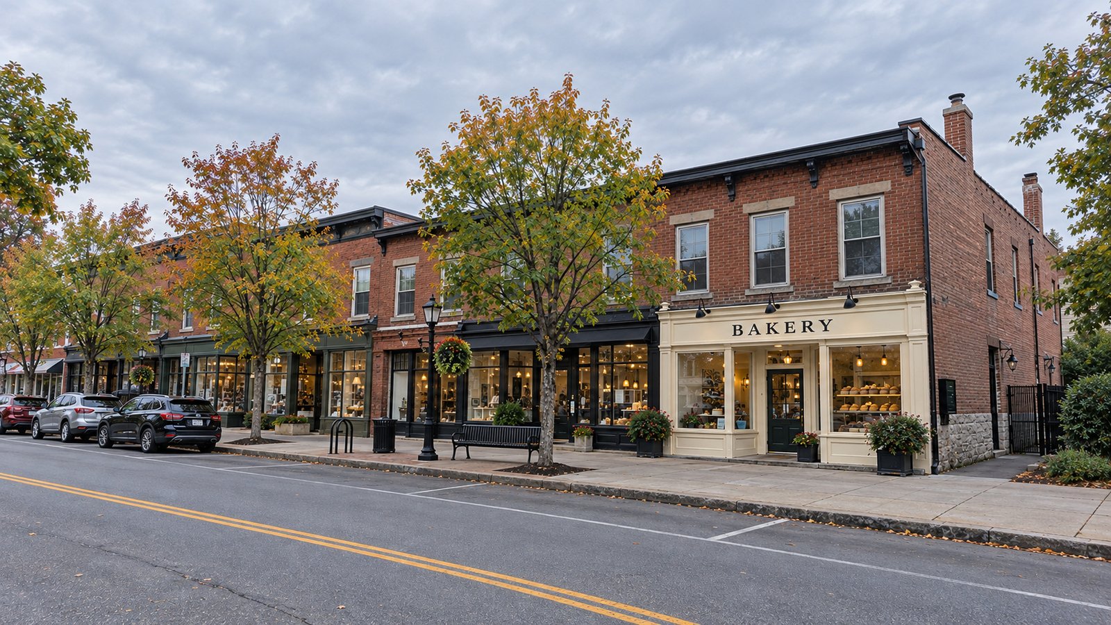 A walk past village shops Brick shop row with a cream bakery storefront, a bench, street trees and a sidewalk beside parked cars