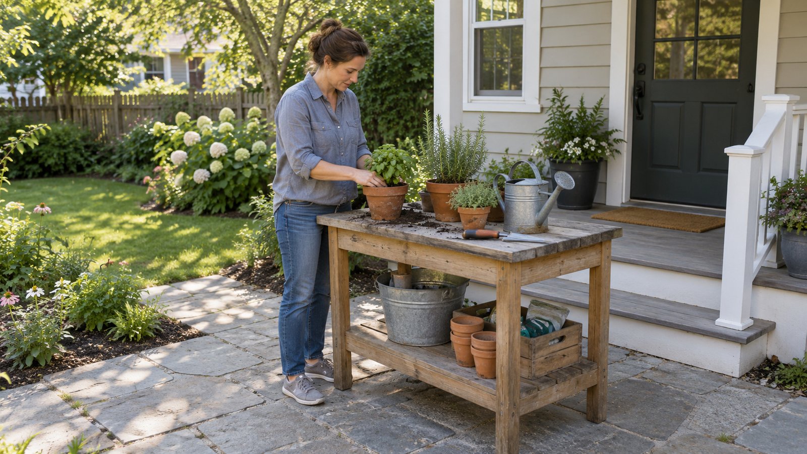 Making time for a small garden task Woman potting an herb at a wooden outdoor table beside a porch, with terracotta pots and a watering can