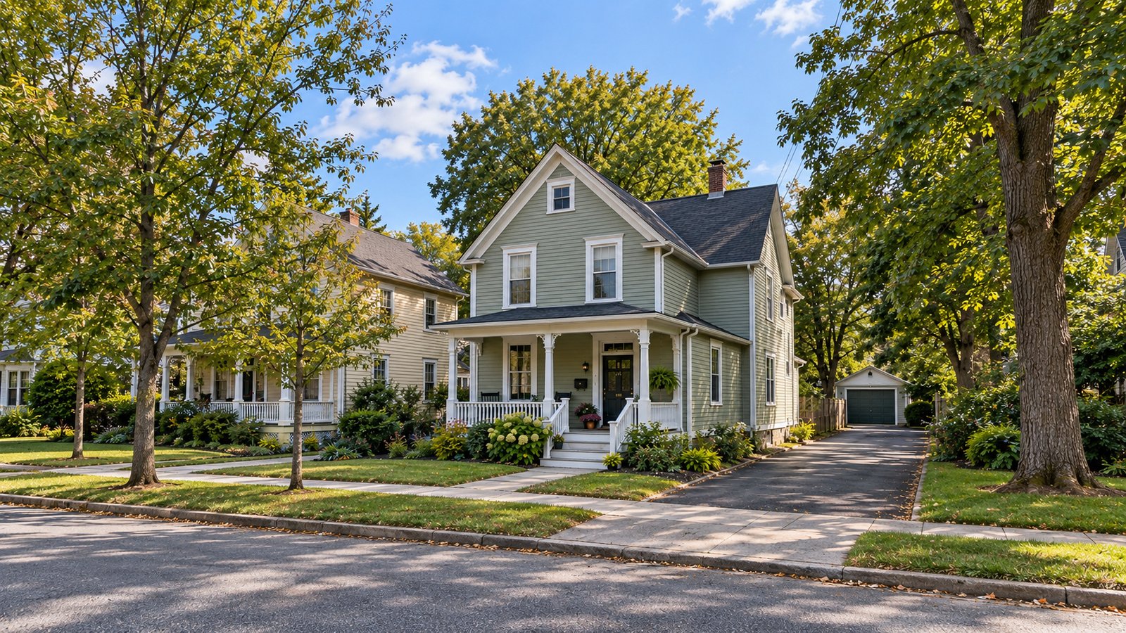 A house with a porch and side driveway Sage-green clapboard house with a white porch, front steps and a driveway leading to a detached garage