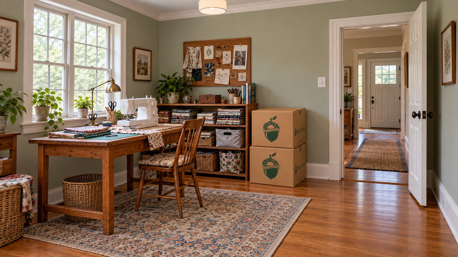 Space for a home sewing project Sewing machine on a wooden table beside a chair, fabric shelves and two closed kraft Sterling Oakbridge cartons