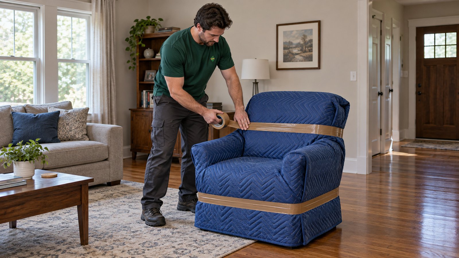 Securing a protected armchair Mover pressing brown packing tape around an armchair covered with blue quilted moving blankets