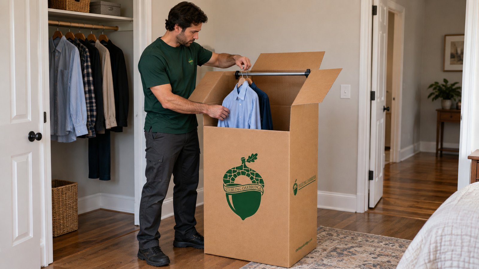 Packing hanging clothes Mover in a green company shirt placing shirts on a rail inside an open kraft Sterling Oakbridge wardrobe carton
