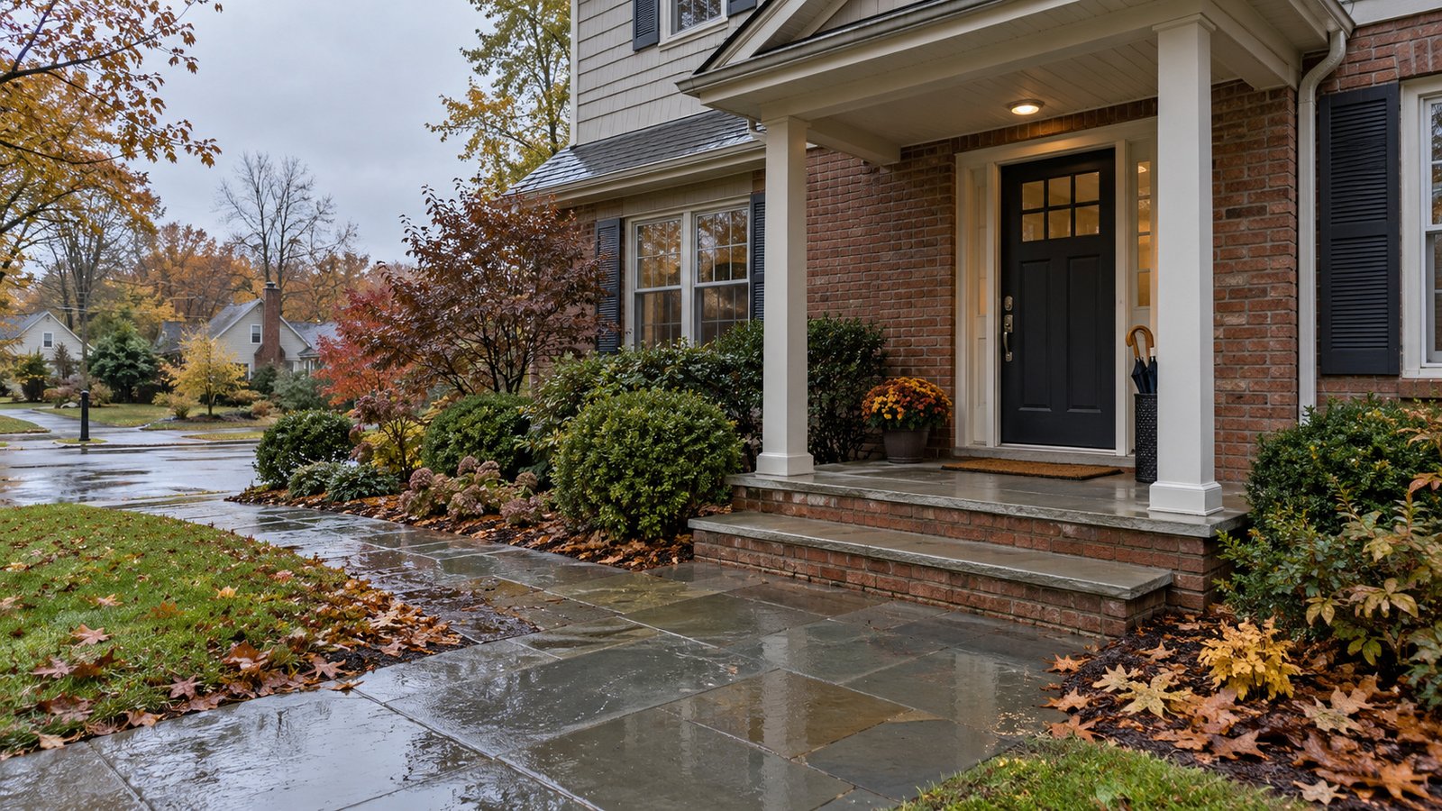 An entrance after autumn rain Wet stone path and brick steps leading to a covered dark front door, with fallen leaves beside the walkway