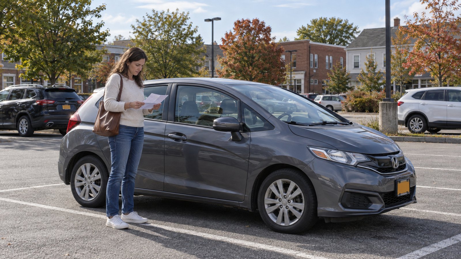 Planning a regular journey Woman reading a sheet of paper beside a gray hatchback in a paved parking lot