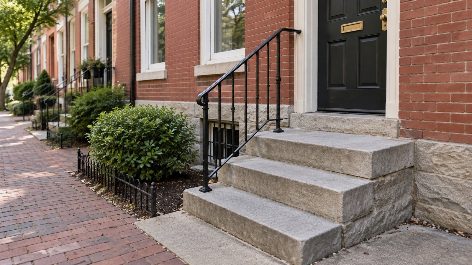 Three broad stone steps and an iron handrail leading to a brick rowhouse doorway