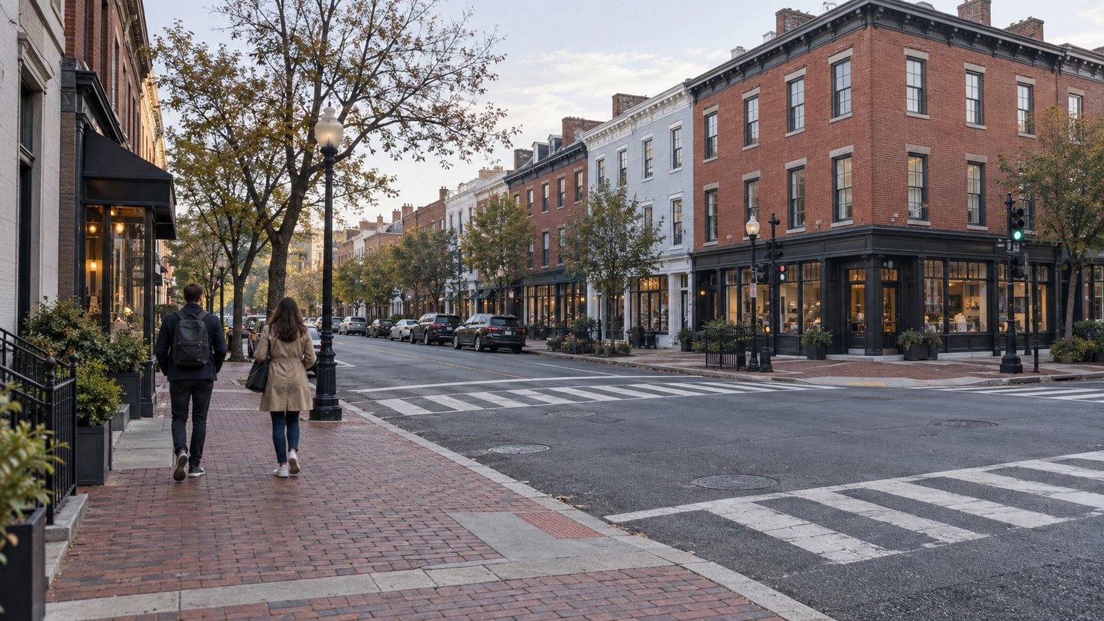 Two adults walking along a brick sidewalk toward a low-rise corner with storefronts and a crosswalk