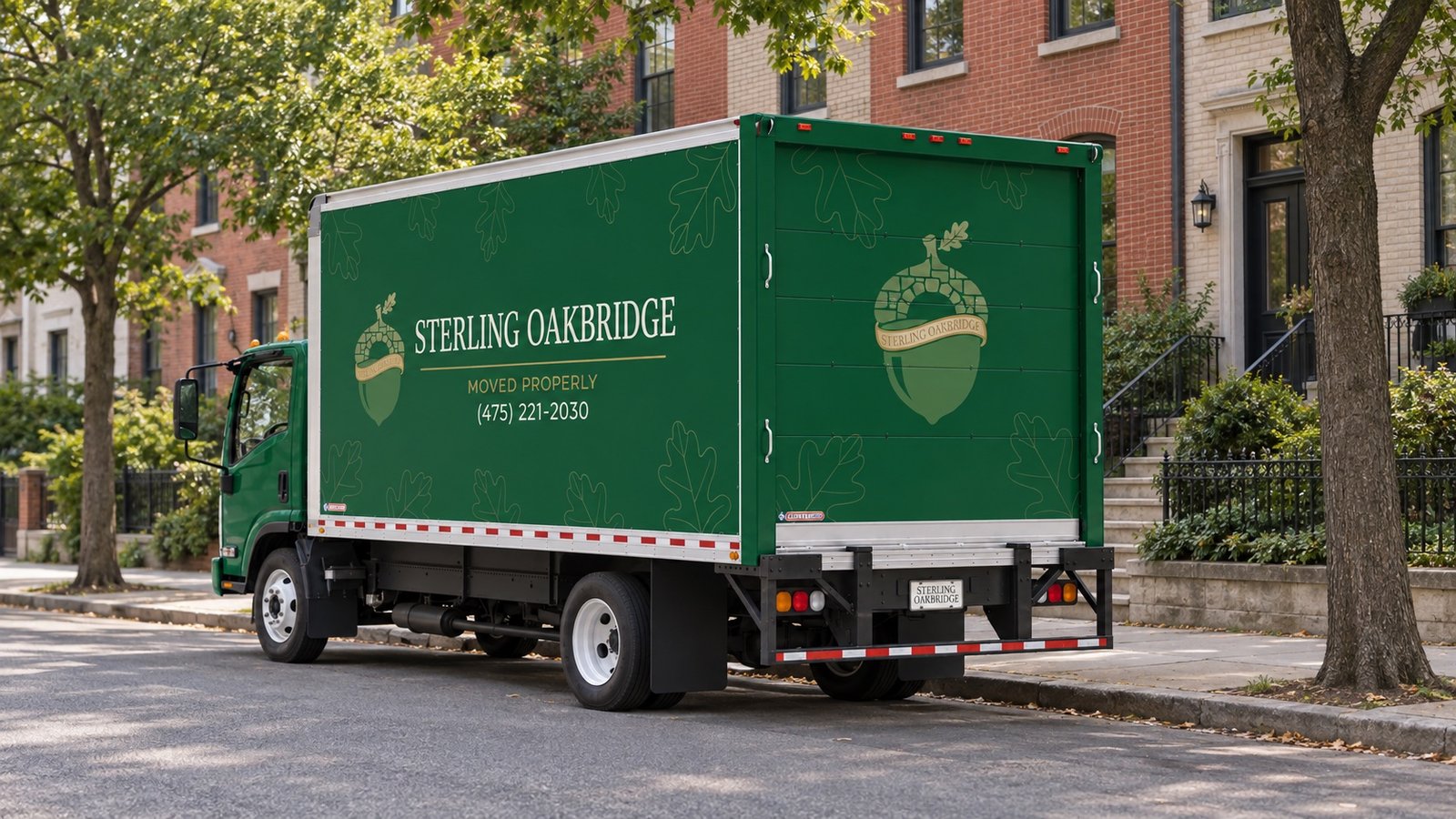 Green Sterling Oakbridge moving truck beside a brick residential block with its rear door closed