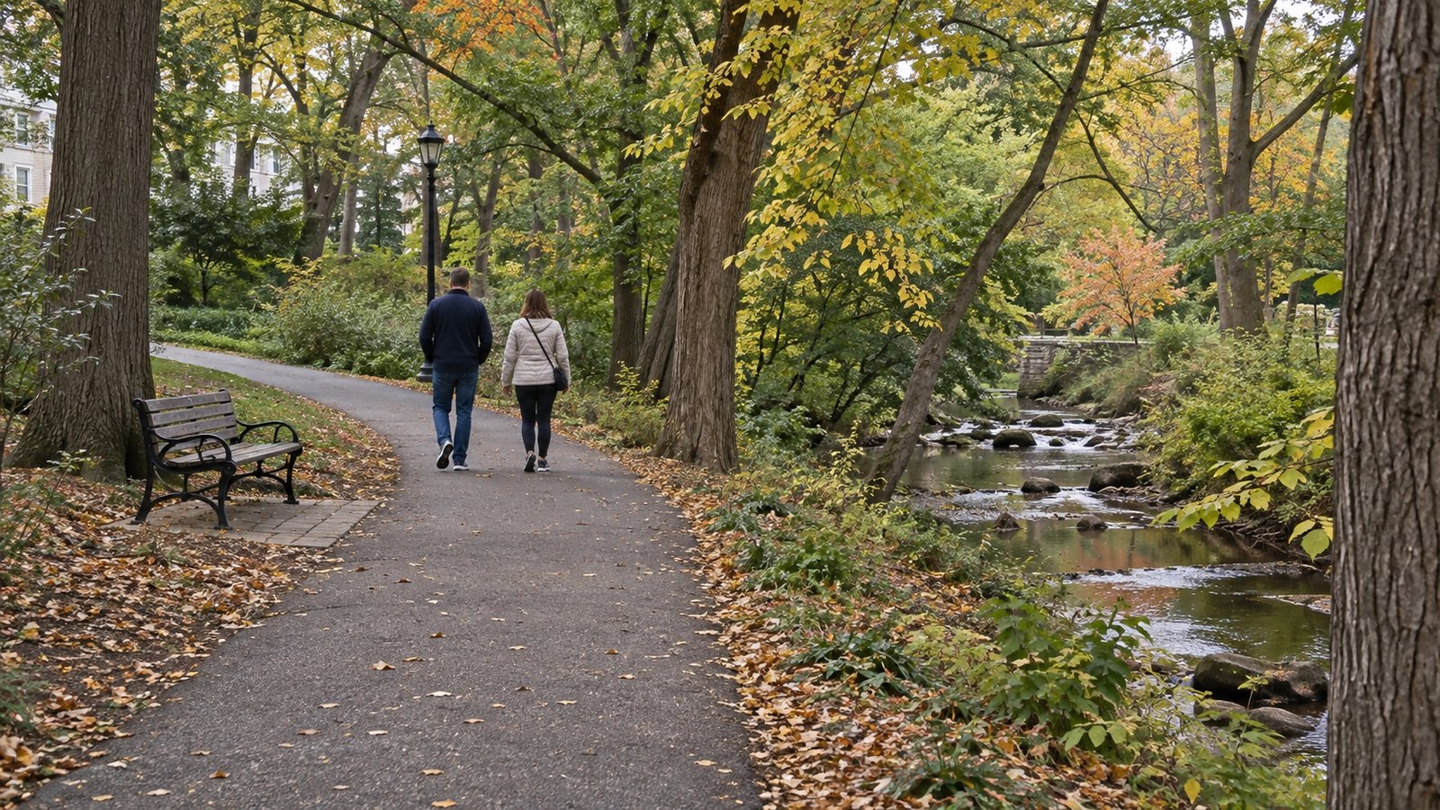 Two adults walking on a paved wooded path beside a creek and a bench