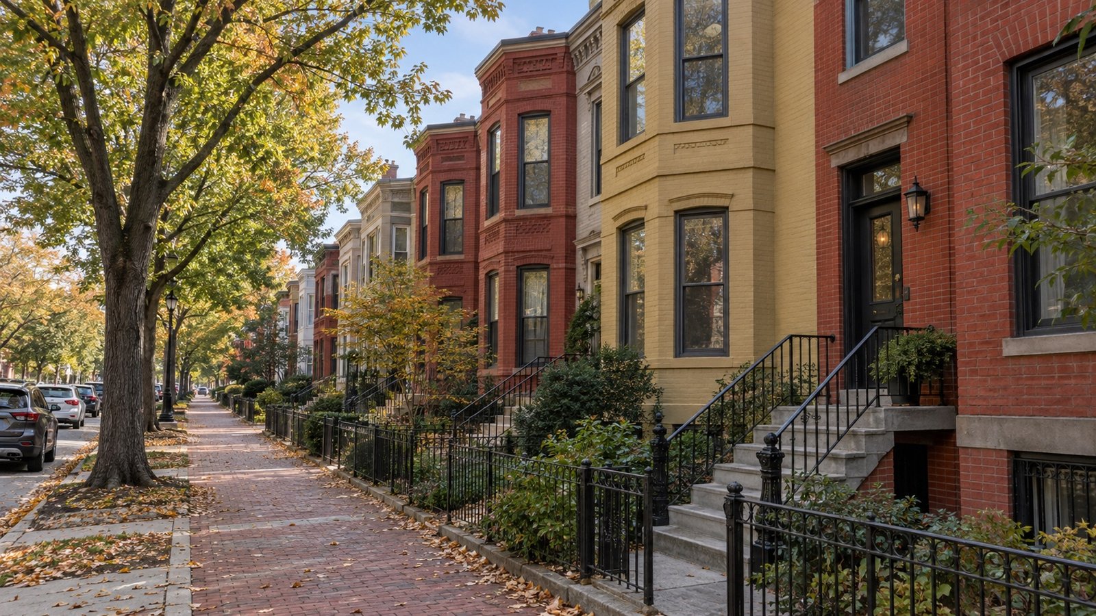 Bay-front brick and ochre rowhouses with raised stoops, railings and a tree-lined sidewalk