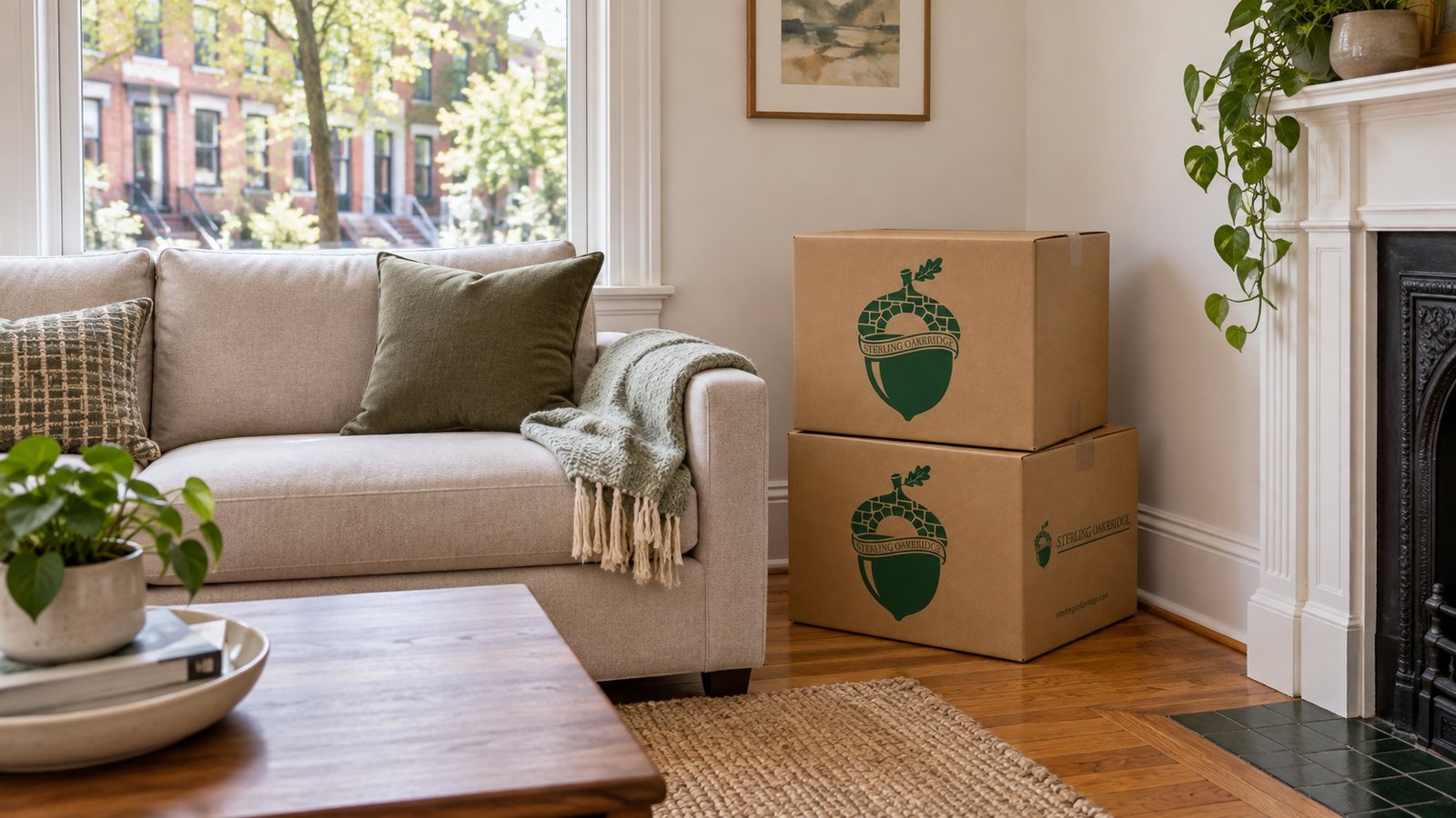 Living room with a sofa, window, fireplace and two closed branded kraft cartons
