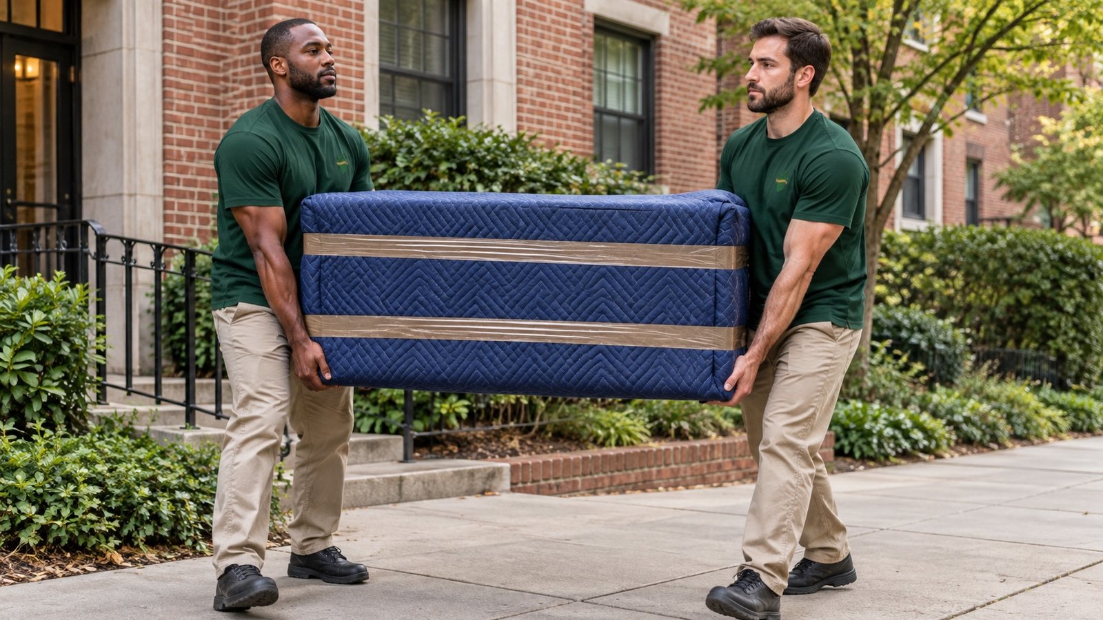 Two male movers carrying a fully blanketed rectangular furniture piece secured with brown packing tape