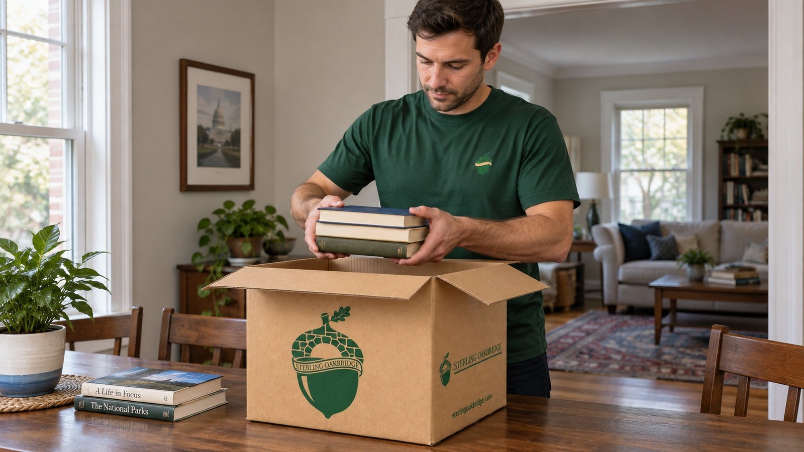 Male mover in a green crewneck supporting three books above a compact kraft book carton