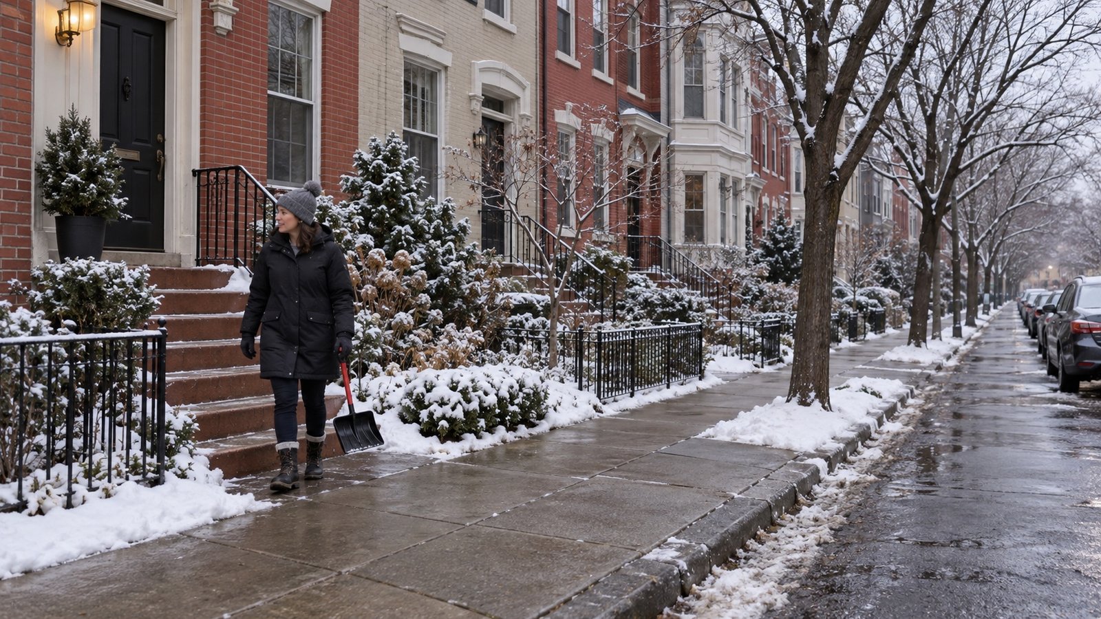 Resident holding a shovel beside rowhouse steps and a cleared sidewalk, with snow remaining along edges
