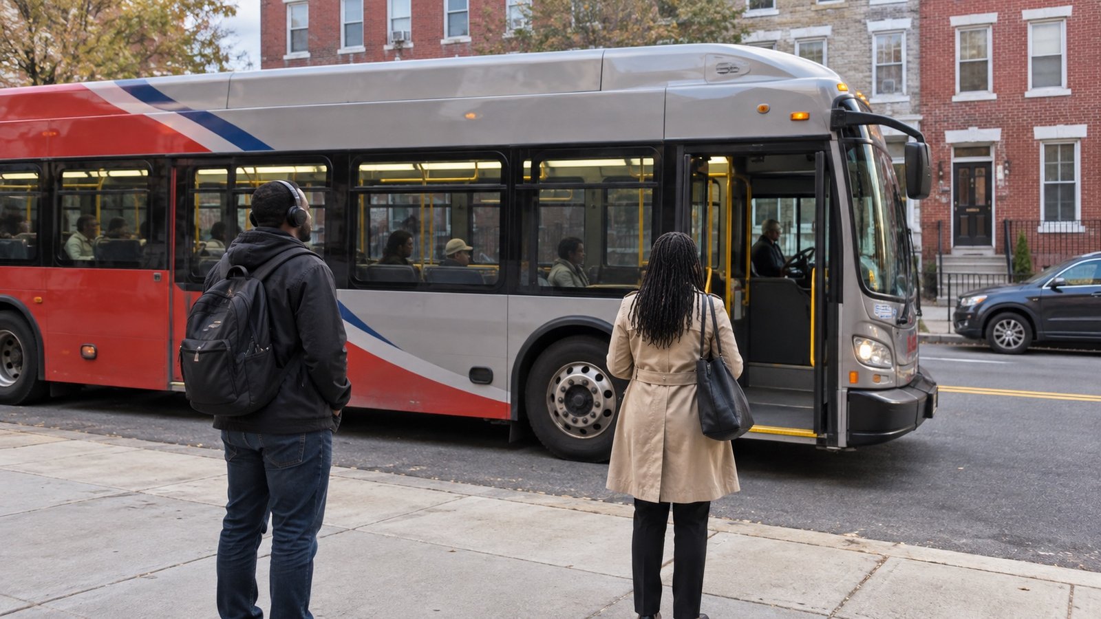 Two people on the foreground sidewalk facing an open bus door across the curb