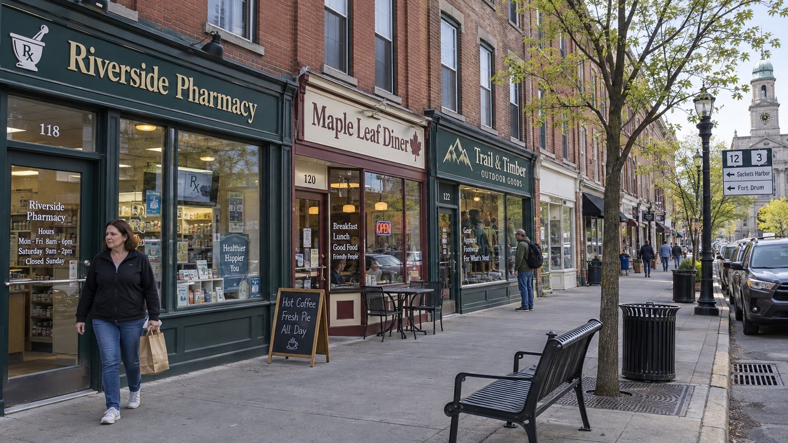 A small-city main street corner with older commercial buildings and distant pedestrians.
