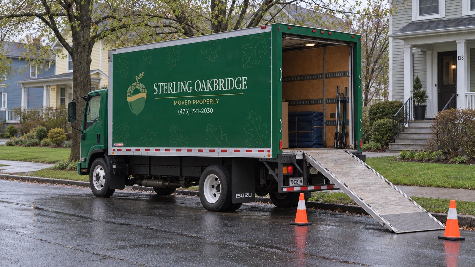 A dark green moving truck with an open rear door and a ramp resting at a residential curb.