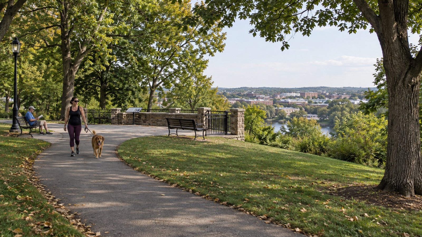 A hilltop park with mature trees and a city view beyond.