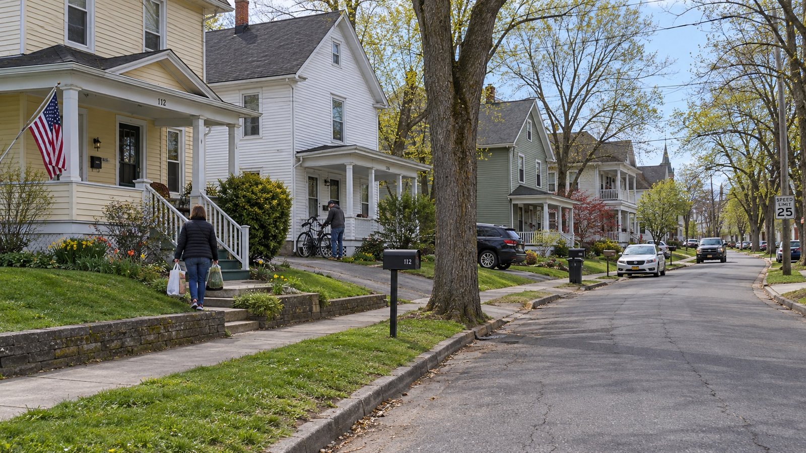 A residential street of older frame houses with porches and parked cars.