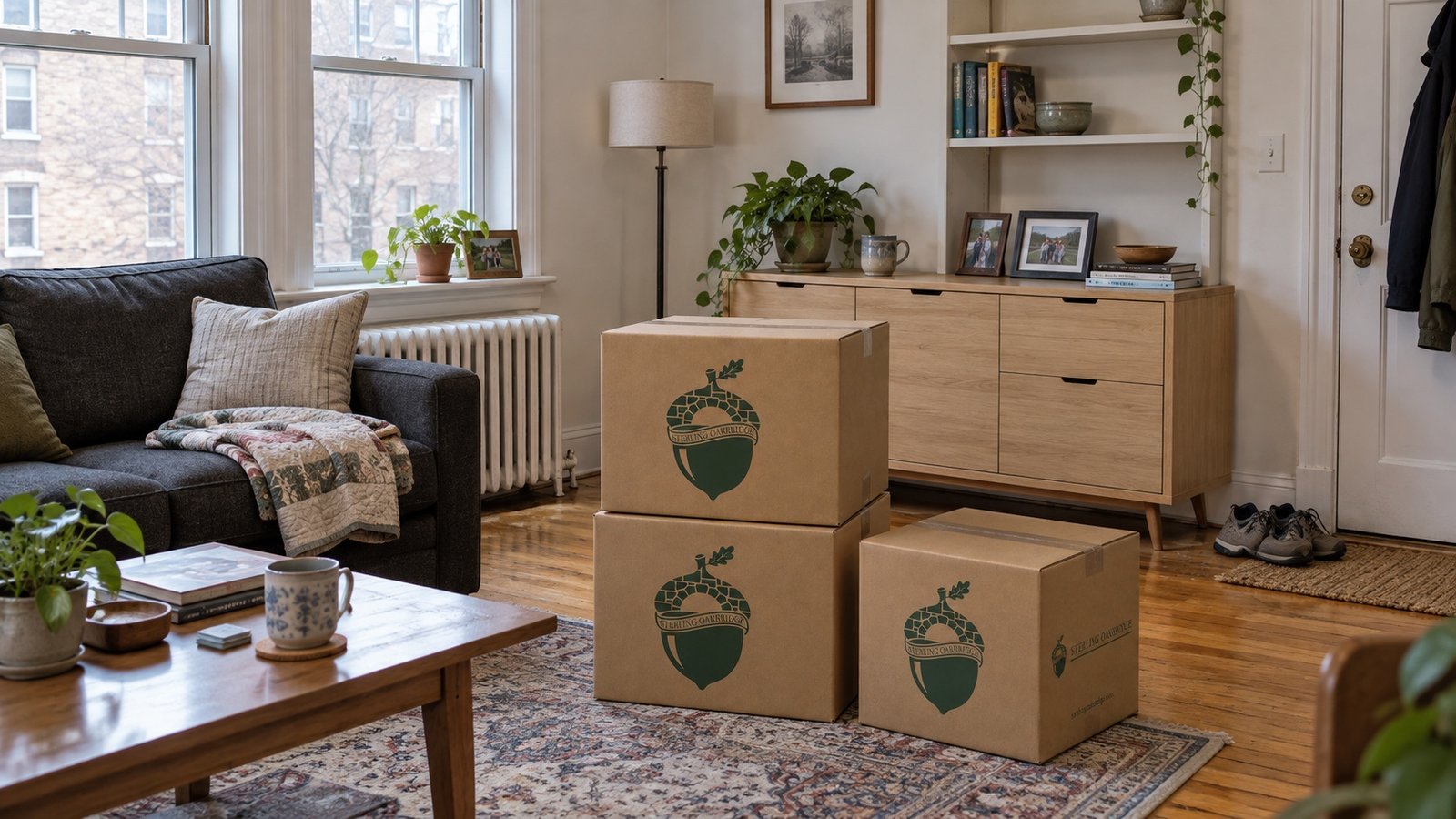 A furnished Watertown apartment with sealed branded moving cartons, personal belongings and a clear doorway.