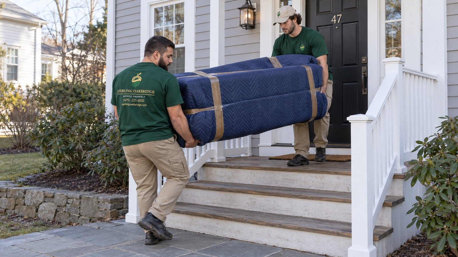 Two movers carrying a blanket-wrapped sofa down the wooden steps of a porch.