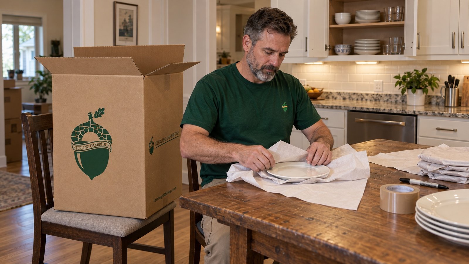 A Sterling Oakbridge mover wraps a plate at a kitchen table beside a branded China carton supported on a dining chair.