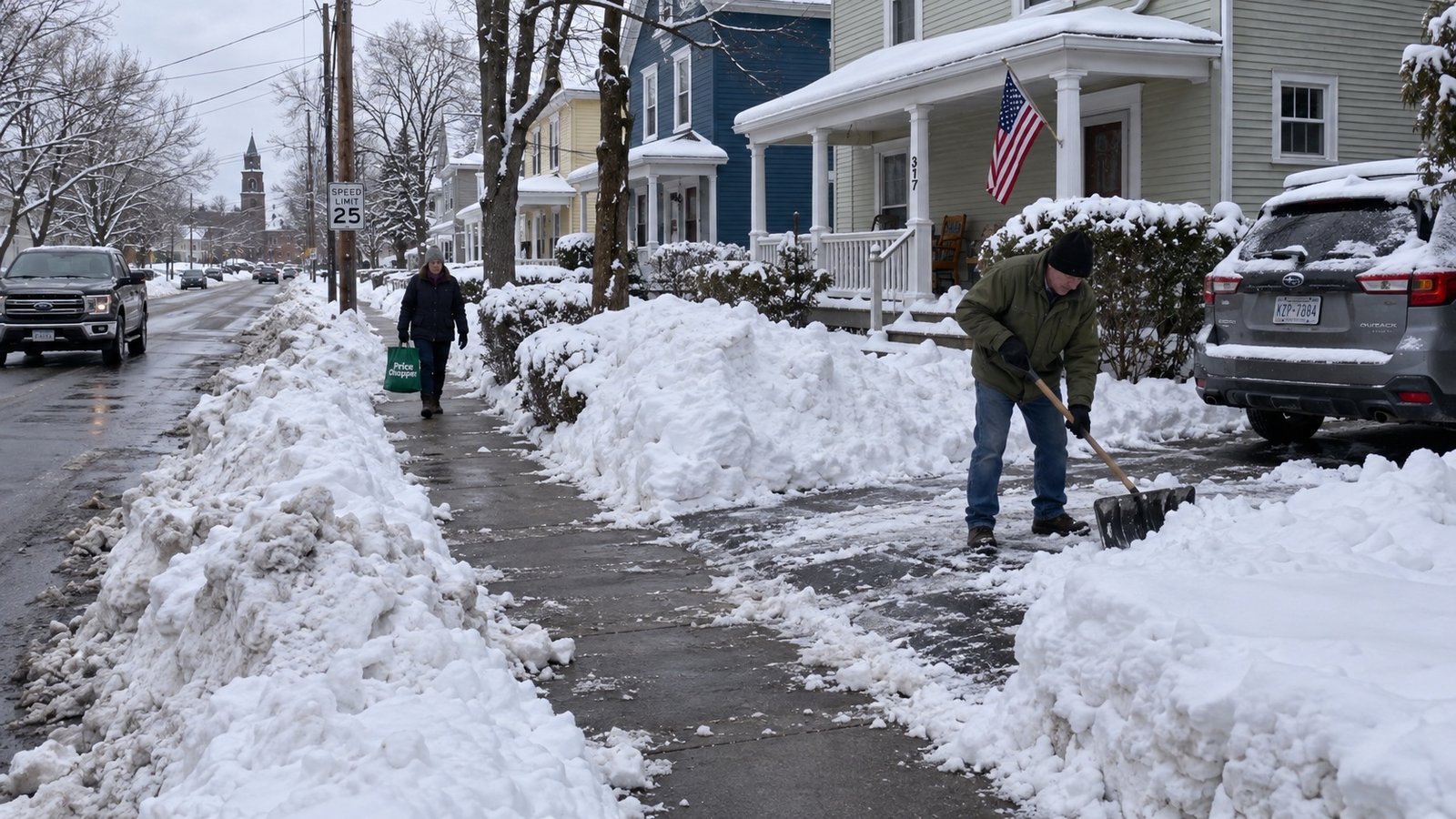A residential street after heavy snow with deep plowed piles and cleared sidewalks.