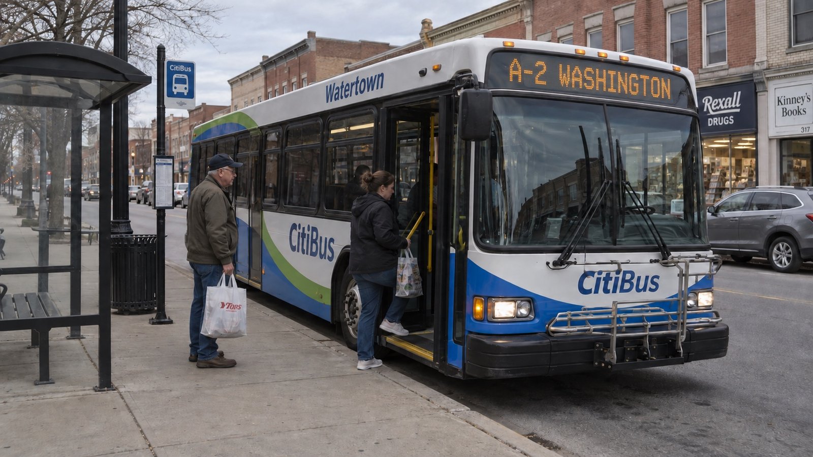A small-city street with a local bus among older commercial buildings.