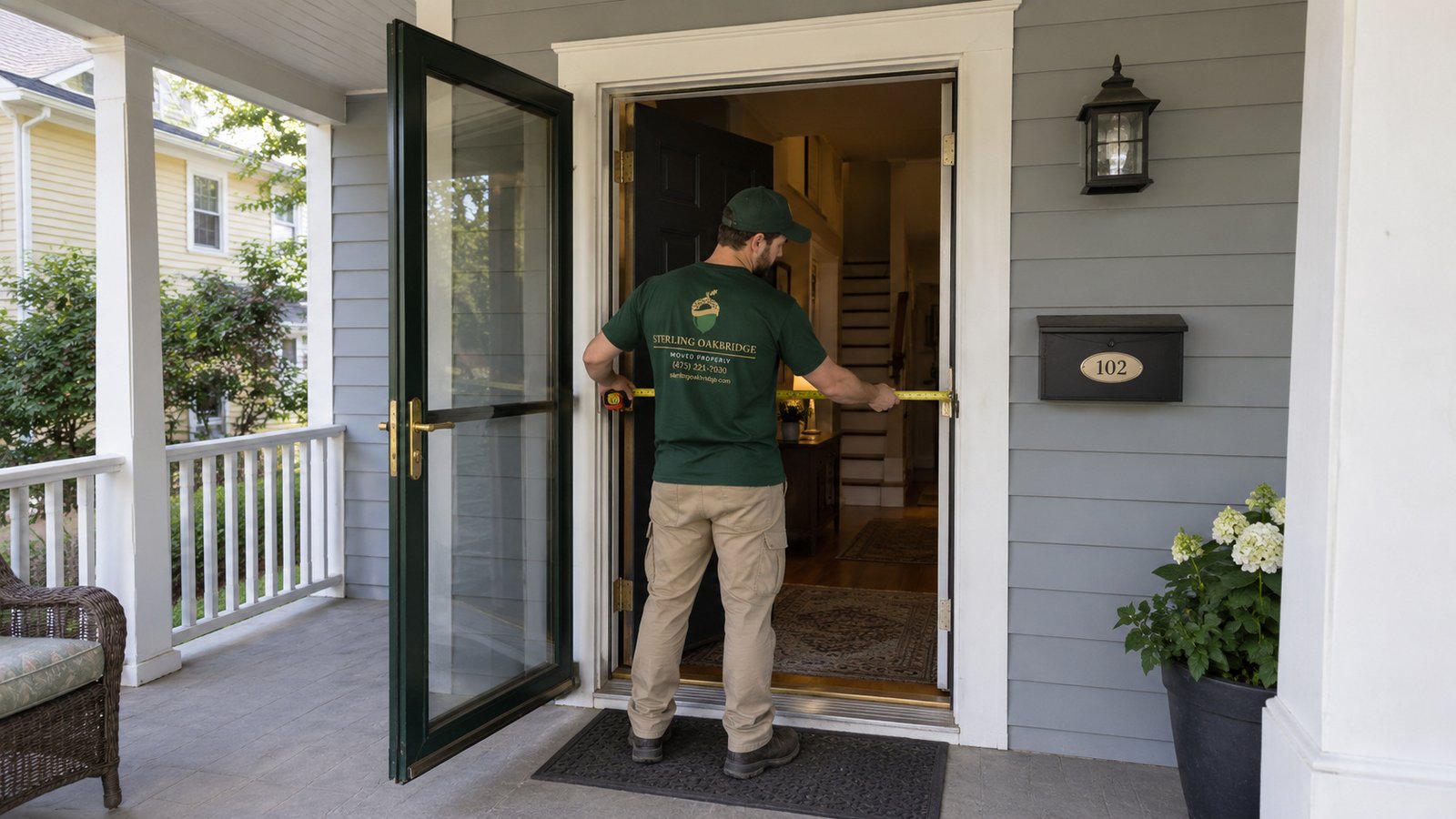 Measure the actual opening A whole male mover measures the usable opening of an open front entrance with both swung door leaves visible.