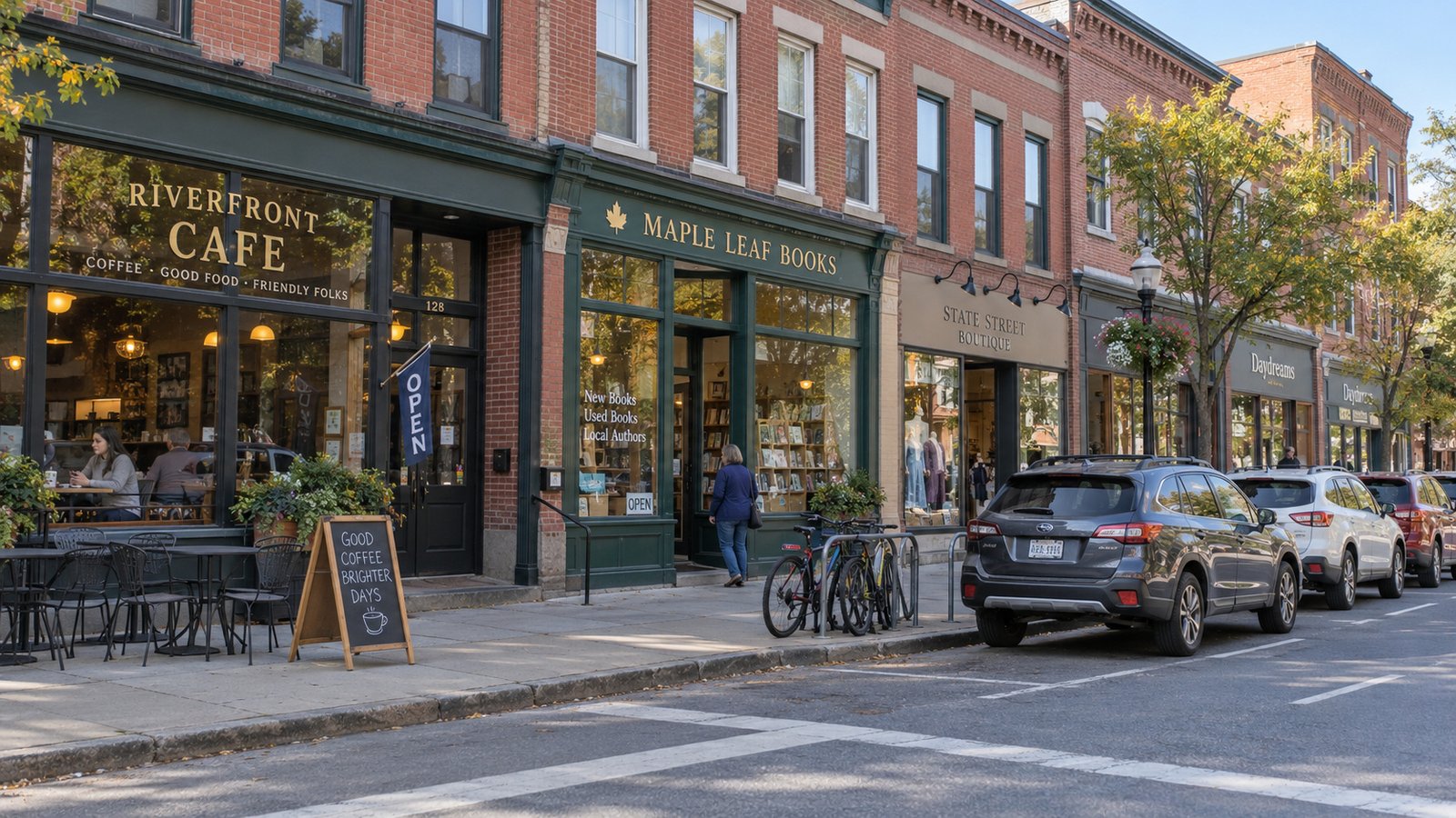 Test the everyday loop Ordinary brick storefront entrances with cafe, bookshop and OPEN lettering along a city sidewalk.