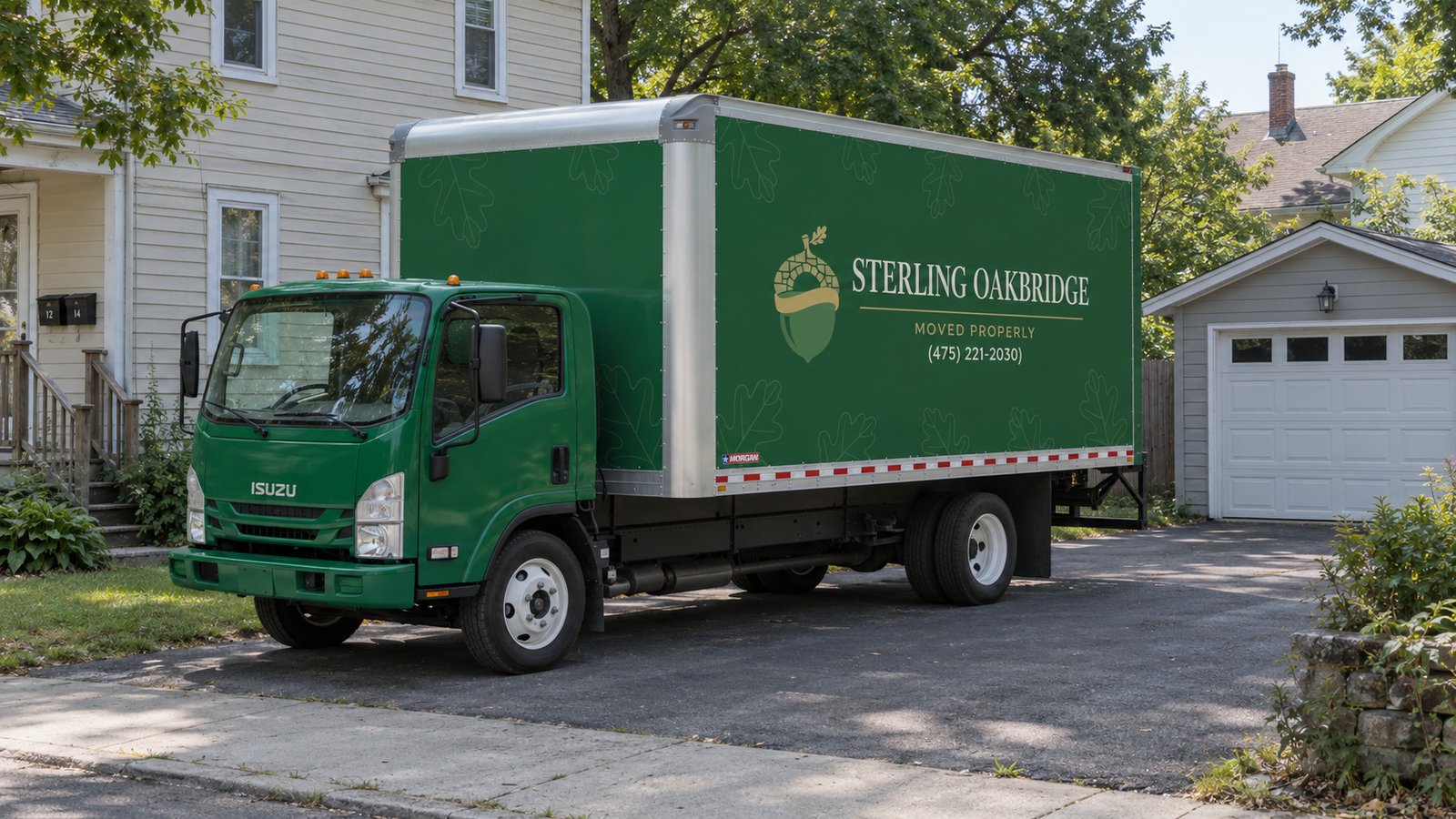 Confirm the vehicle position A whole green Sterling Oakbridge NPR16 box truck stands on a private driveway beside an older urban duplex.