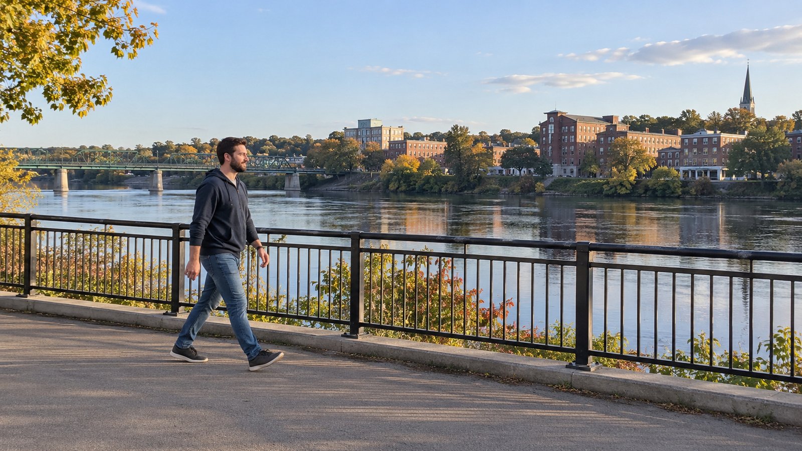 Check an everyday walking route A whole man walks a maintained riverfront path beside a continuous safety rail.