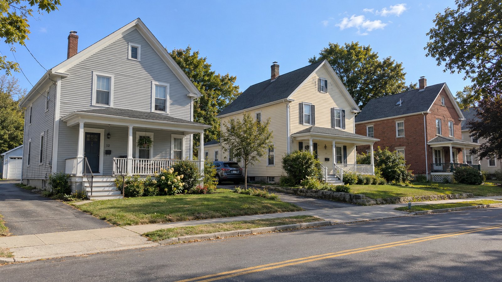 Inspect the property approach Complete modest older houses with front porches and small yards along an ordinary urban residential street.