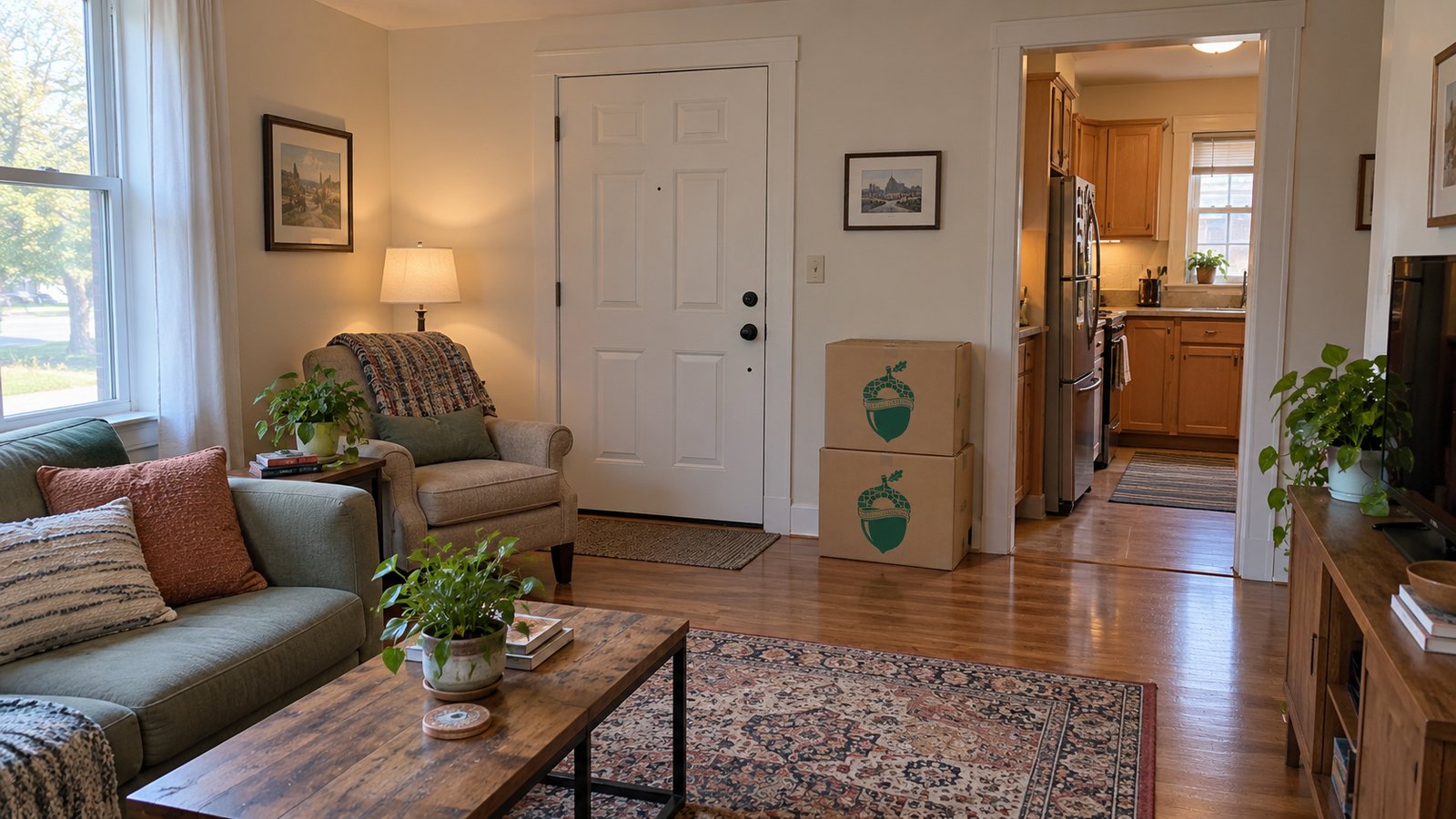 Inspect the inside route A furnished groundfloor apartment with a complete entry door, adjoining kitchen passage and two closed small Book cartons.