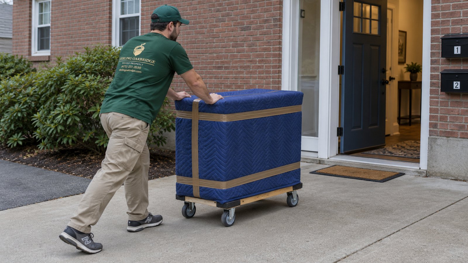 Prepare furniture and the route A whole male mover pushes a blanket-wrapped small piece of furniture on a compact open-frame dolly along a concrete approach toward an entrance.