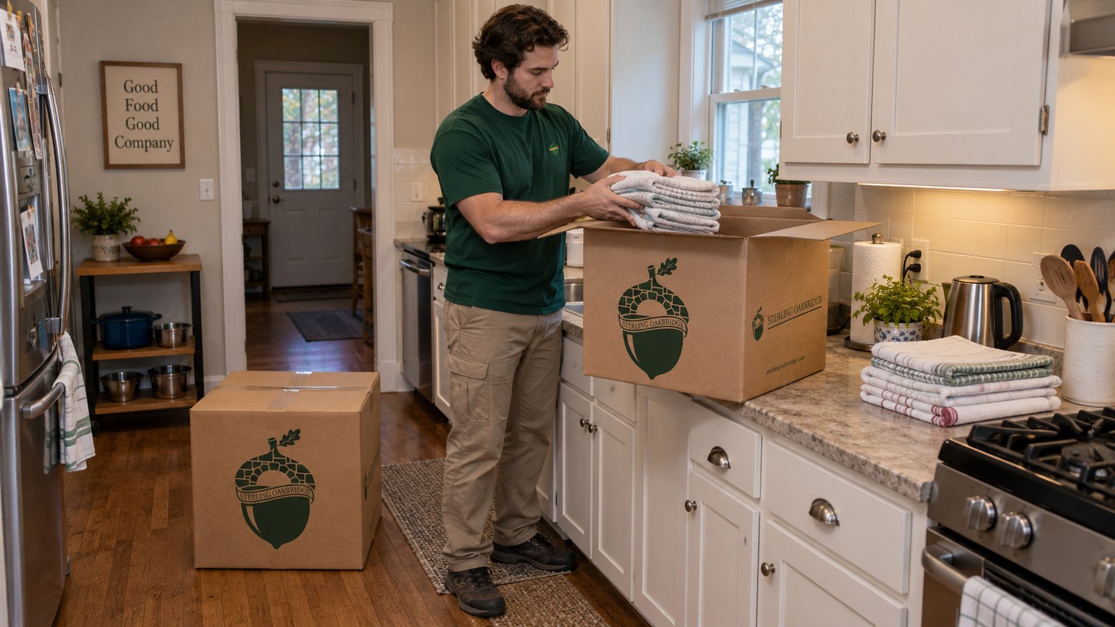 Prepare linen packing A whole male packer places folded soft kitchen linens into an open kraft MediumLinen carton on a built-in counter.