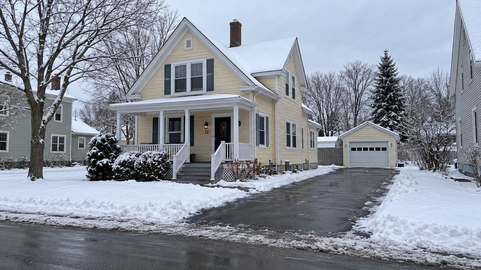 Prepare for the actual season A complete principal house and garage beside a cleared driveway in an ordinary winter residential setting.