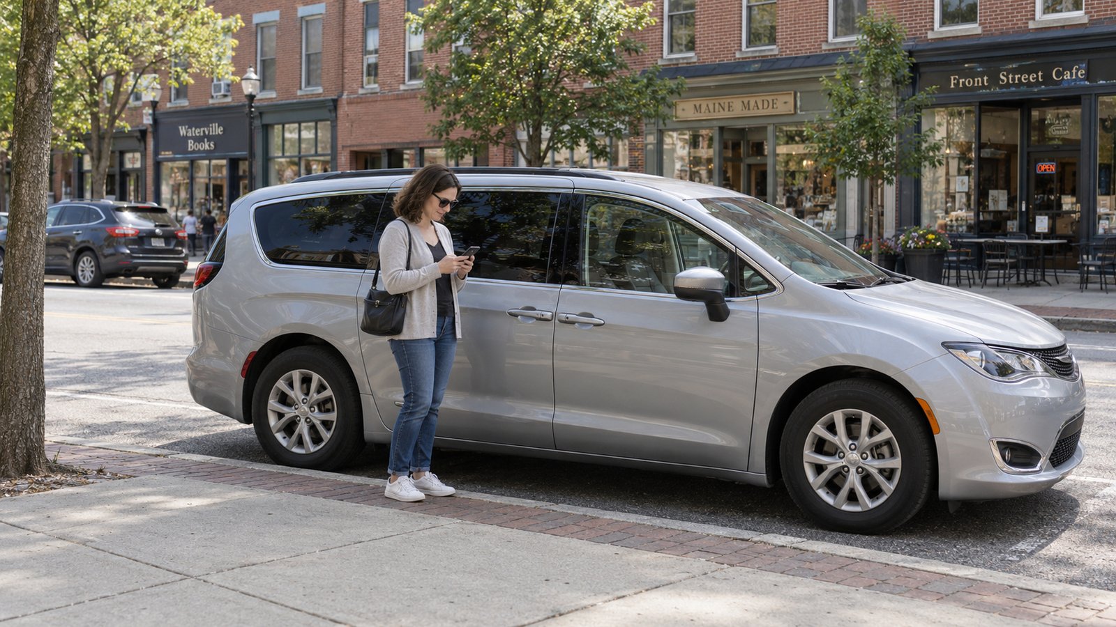 Confirm the trip arrangements A whole passenger minivan parked at a curb while a woman checks a smartphone beside the passenger door.