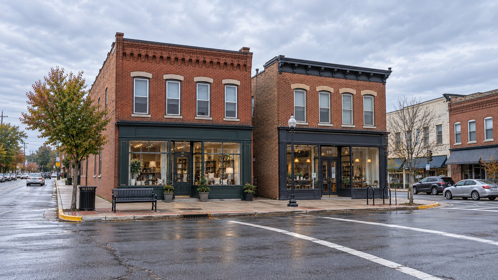 Two complete brick storefront buildings beside a town intersection and a sidewalk bench.