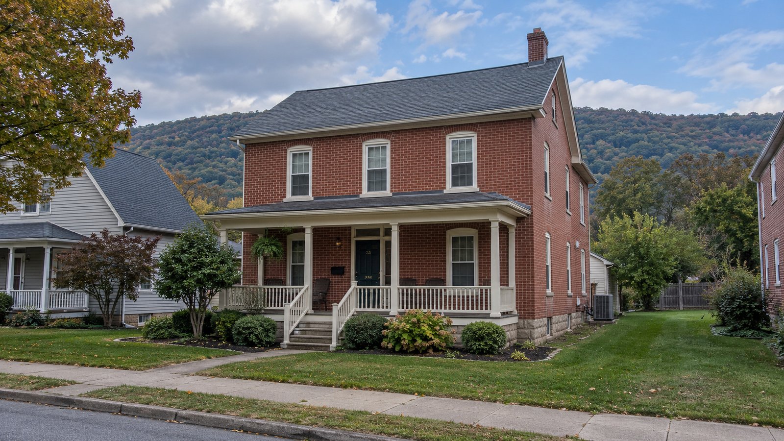 Whole detached brick house and porch A modest two-story red-brick house with a complete roof, porch and front steps.