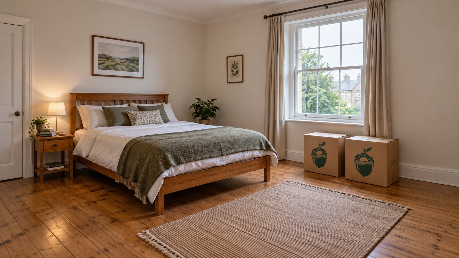 A wooden double bed and bedside table beside a sash window, with two closed kraft Sterling Oakbridge cartons on the floor.