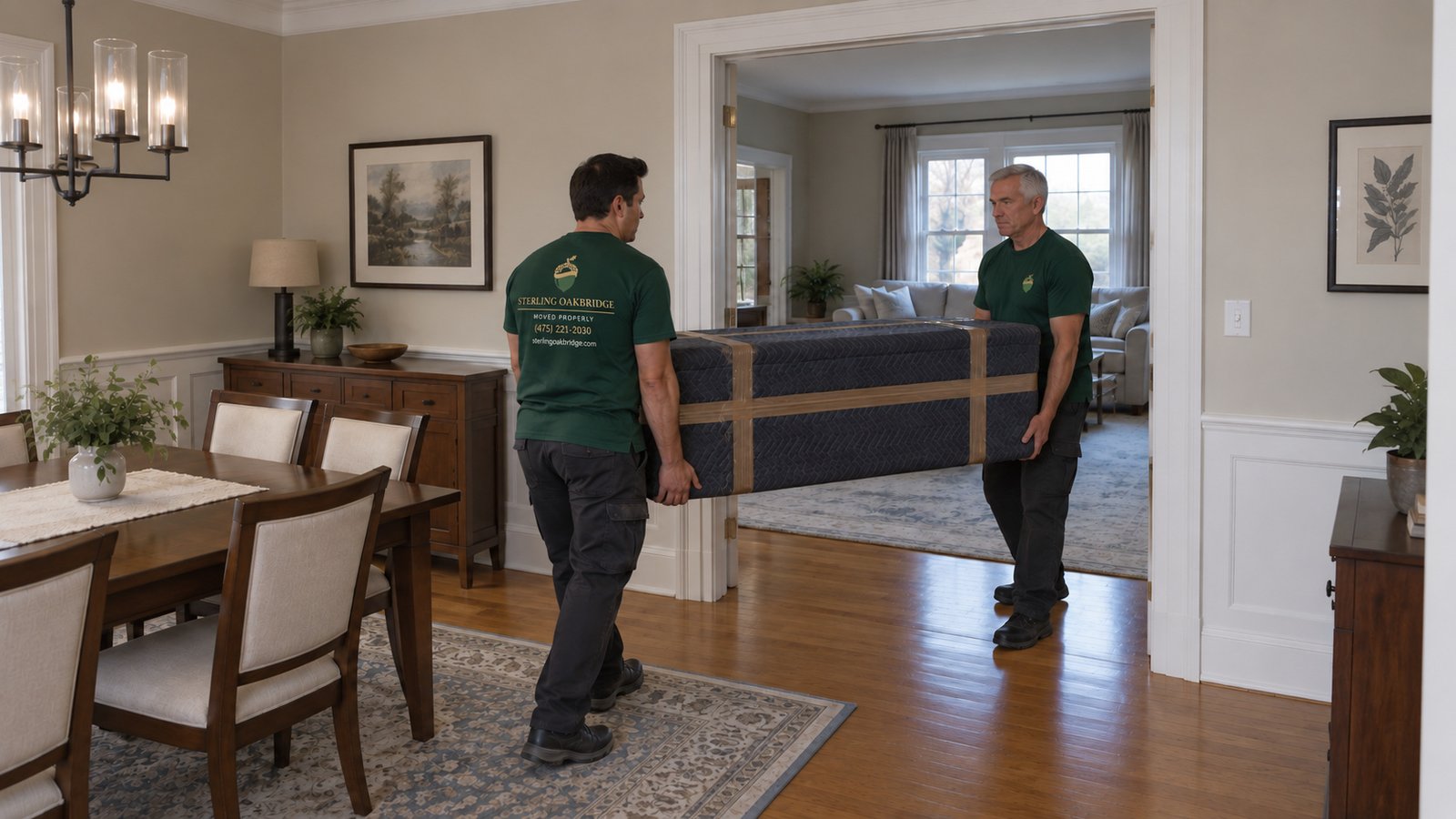 A cabinet carried through a level doorway Two male movers in green Sterling Oakbridge shirts carrying a cabinet wrapped in dark blankets and brown packing tape through a level doorway.