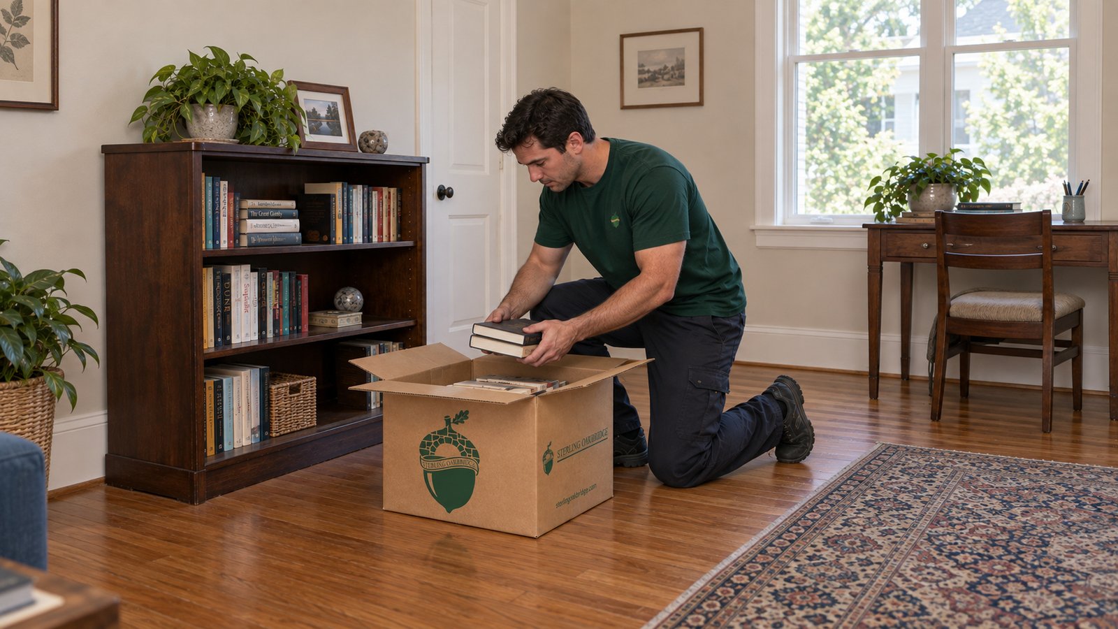 Books packed in a small carton A male mover in a green Sterling Oakbridge shirt kneeling beside a bookcase and lowering two books into a small kraft Book carton.