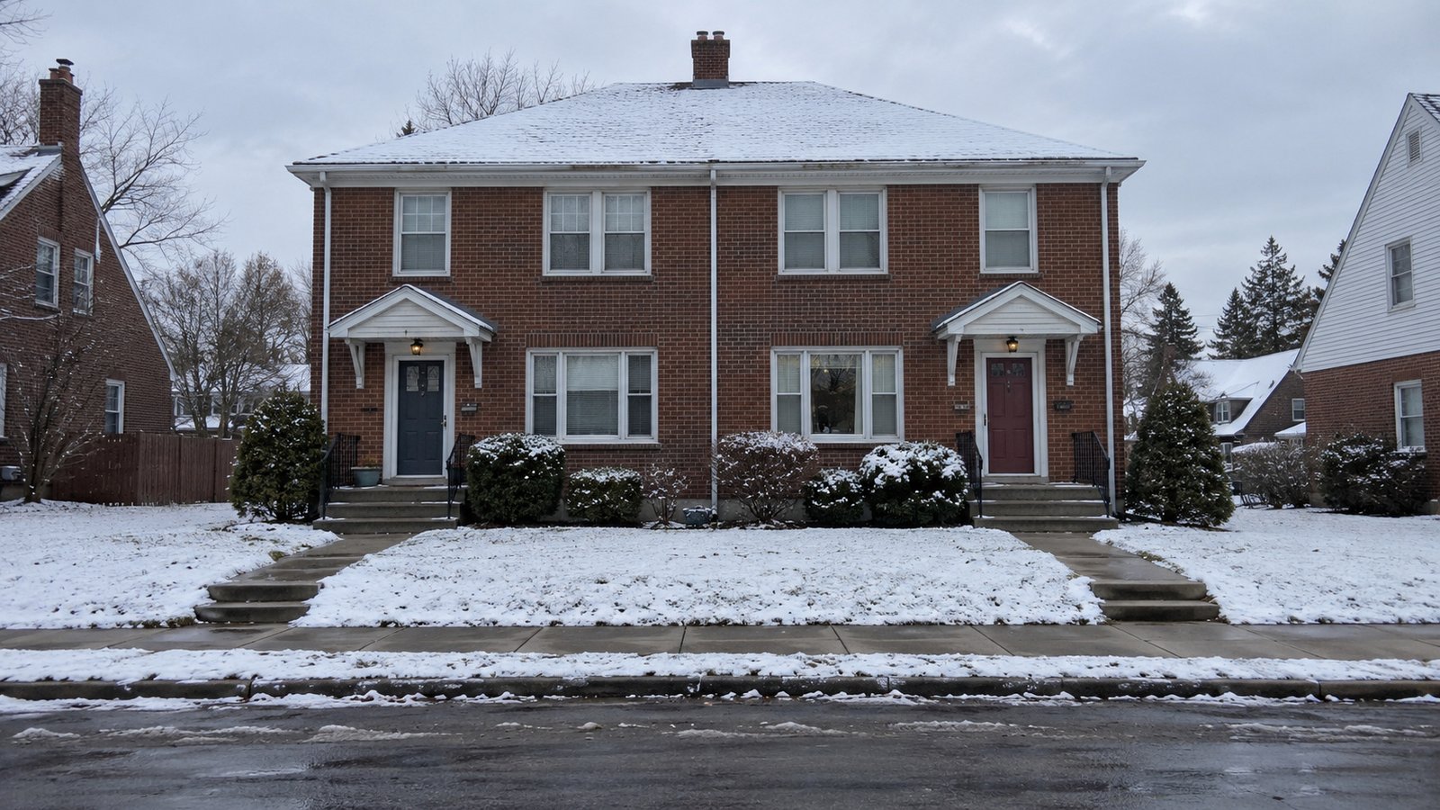 A complete brick twin house with two entrances, cleared paths and a continuous cleared sidewalk after light snow.