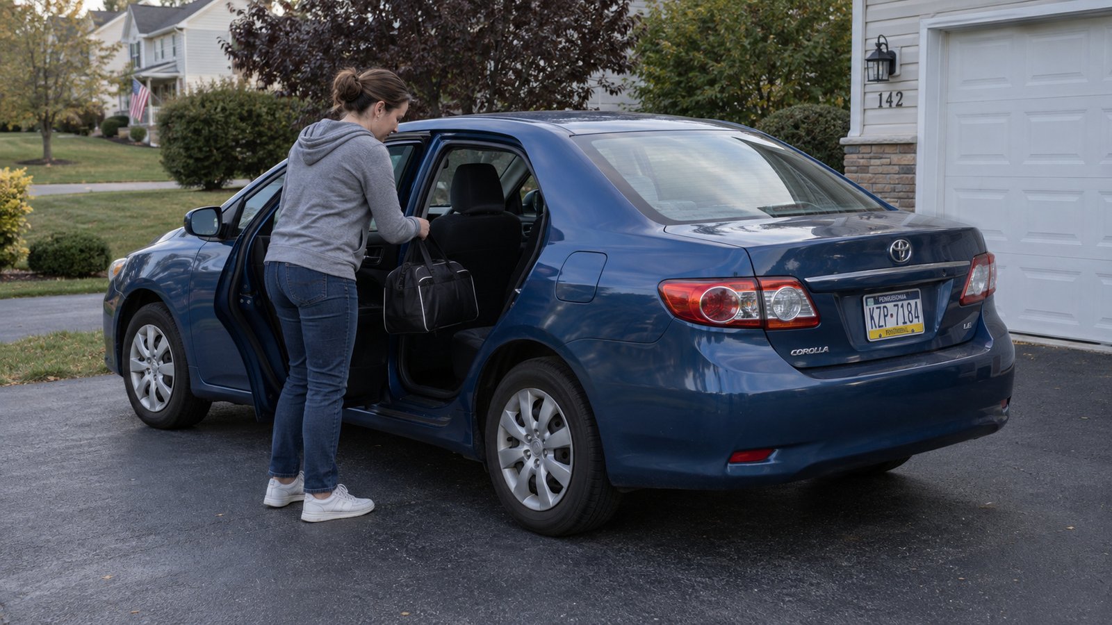 A woman placing an overnight bag through the open rear door of a blue sedan on a private driveway.