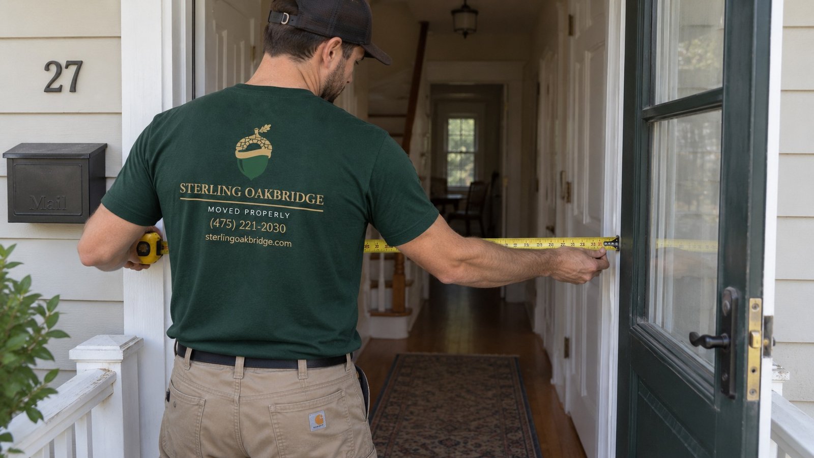 Measuring the clear entry A mover in a dark green Sterling Oakbridge shirt measuring an open house doorway with a straight tape.