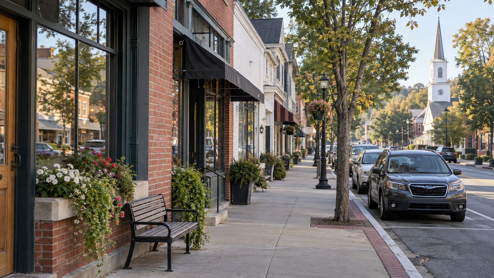 Illustrative small-town main street with brick storefronts, a church tower, benches and planters.